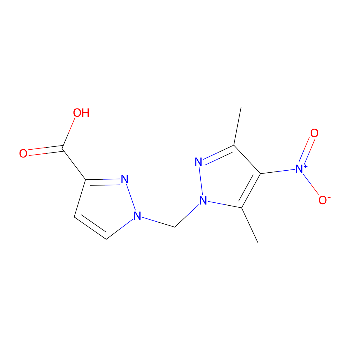 1-[(3,5-dimethyl-4-nitro-1H-pyrazol-1-yl)methyl]-1H-pyrazole-3-carboxylic acid molecular structure, CAS 1004194-42-6