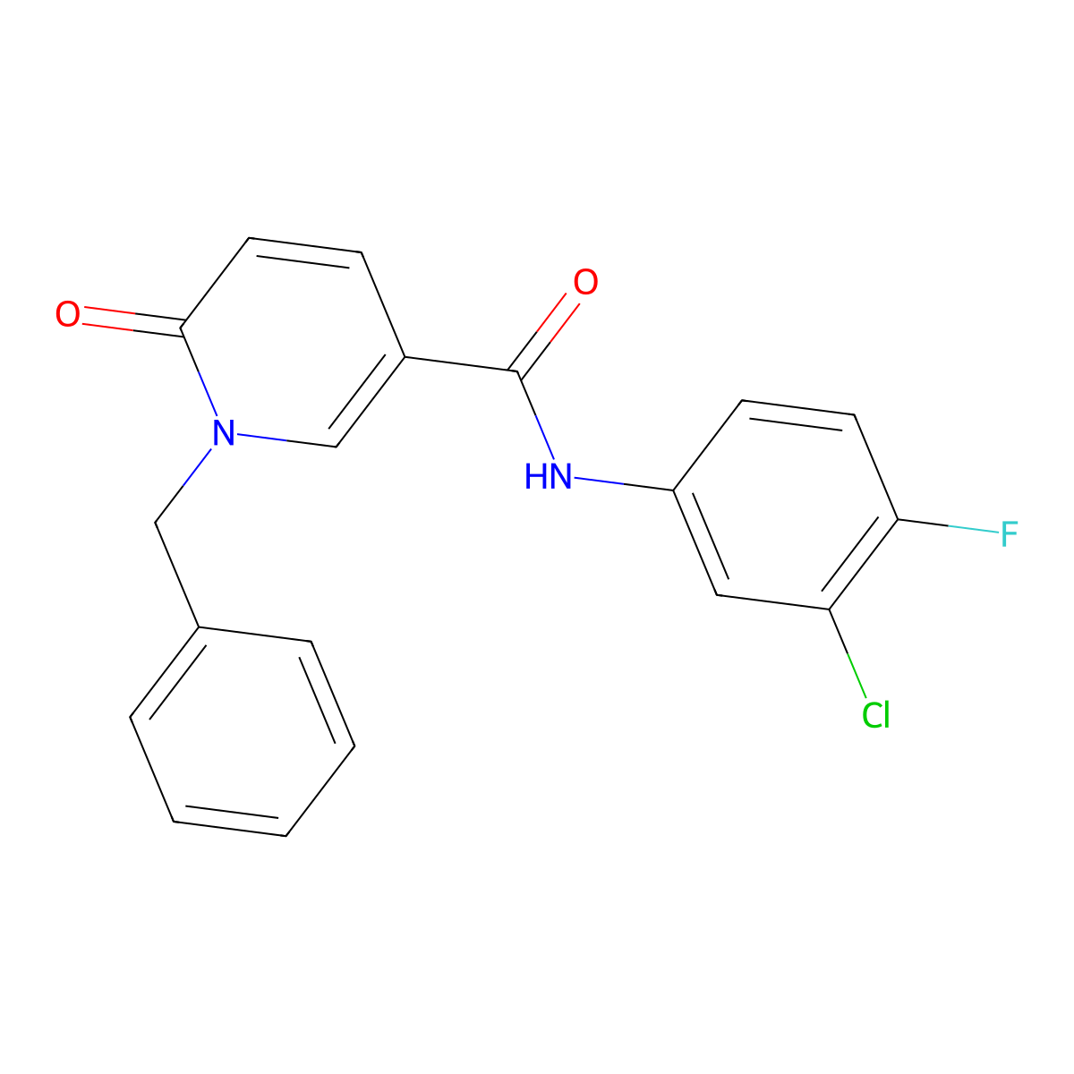 1-benzyl-N-(3-chloro-4-fluorophenyl)-6-oxo-1,6-dihydropyridine-3-carboxamide molecular structure, CAS 1004256-27-2