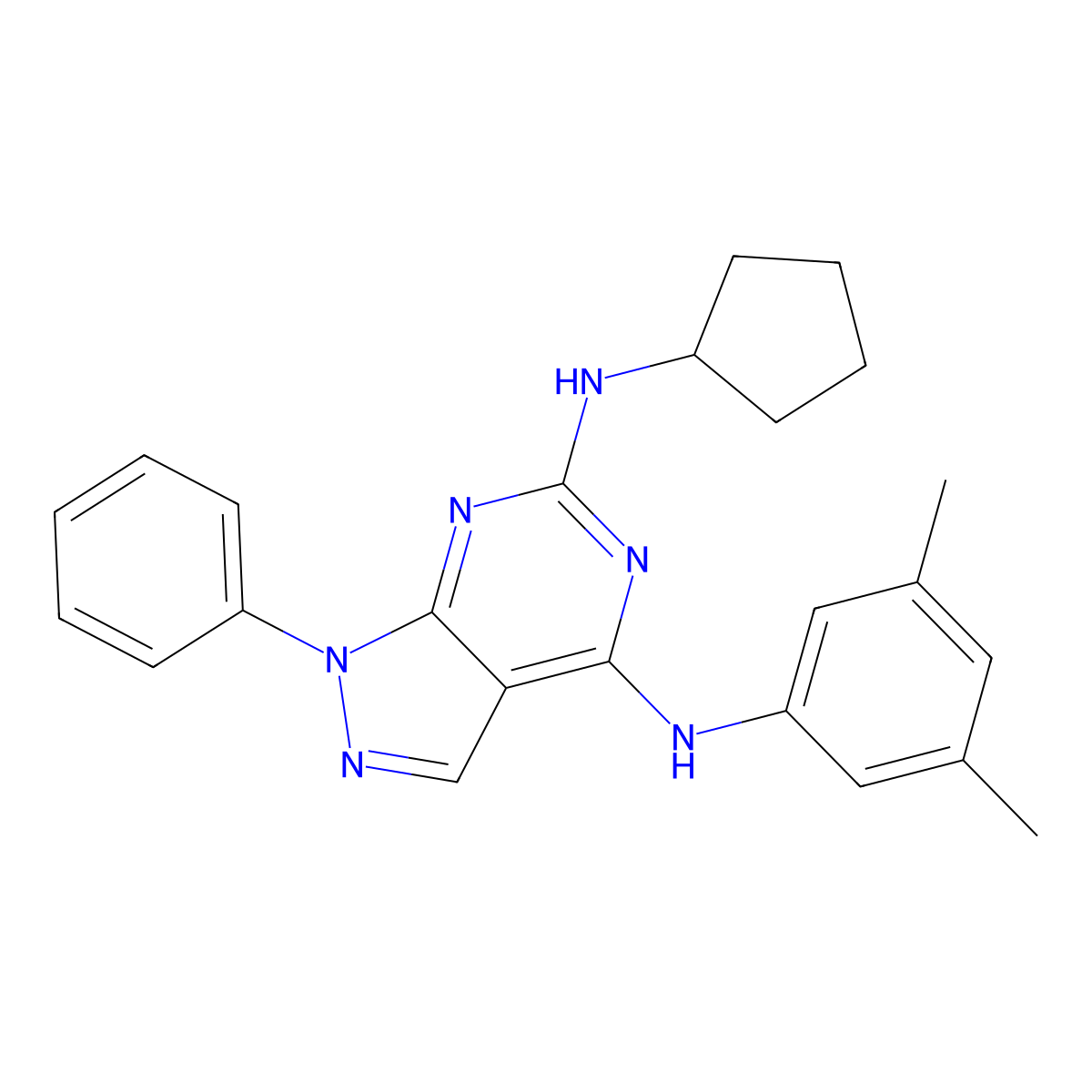 N6-cyclopentyl-N4-(3,5-dimethylphenyl)-1-phenyl-1H-pyrazolo[3,4-d]pyrimidine-4,6-diamine molecular structure, CAS 1004389-96-1