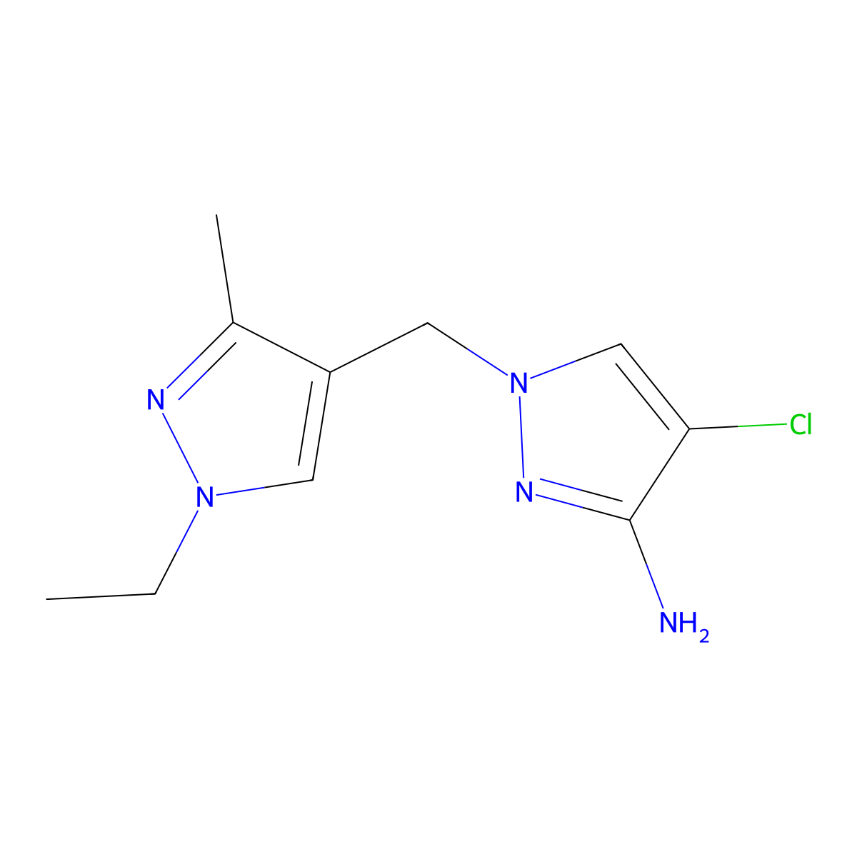 4-Chloro-1-((1-ethyl-3-methyl-1H-pyrazol-4-yl)methyl)-1H-pyrazol-3-amine molecular structure, CAS 1004451-77-7
