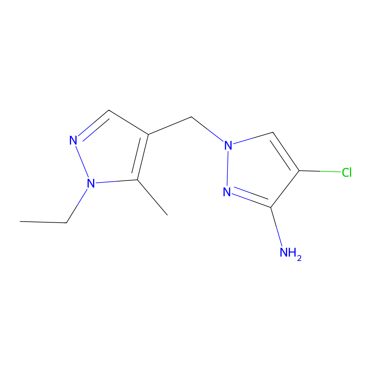 4-Chloro-1-((1-ethyl-5-methyl-1H-pyrazol-4-yl)methyl)-1H-pyrazol-3-amine molecular structure, CAS 1004452-01-0