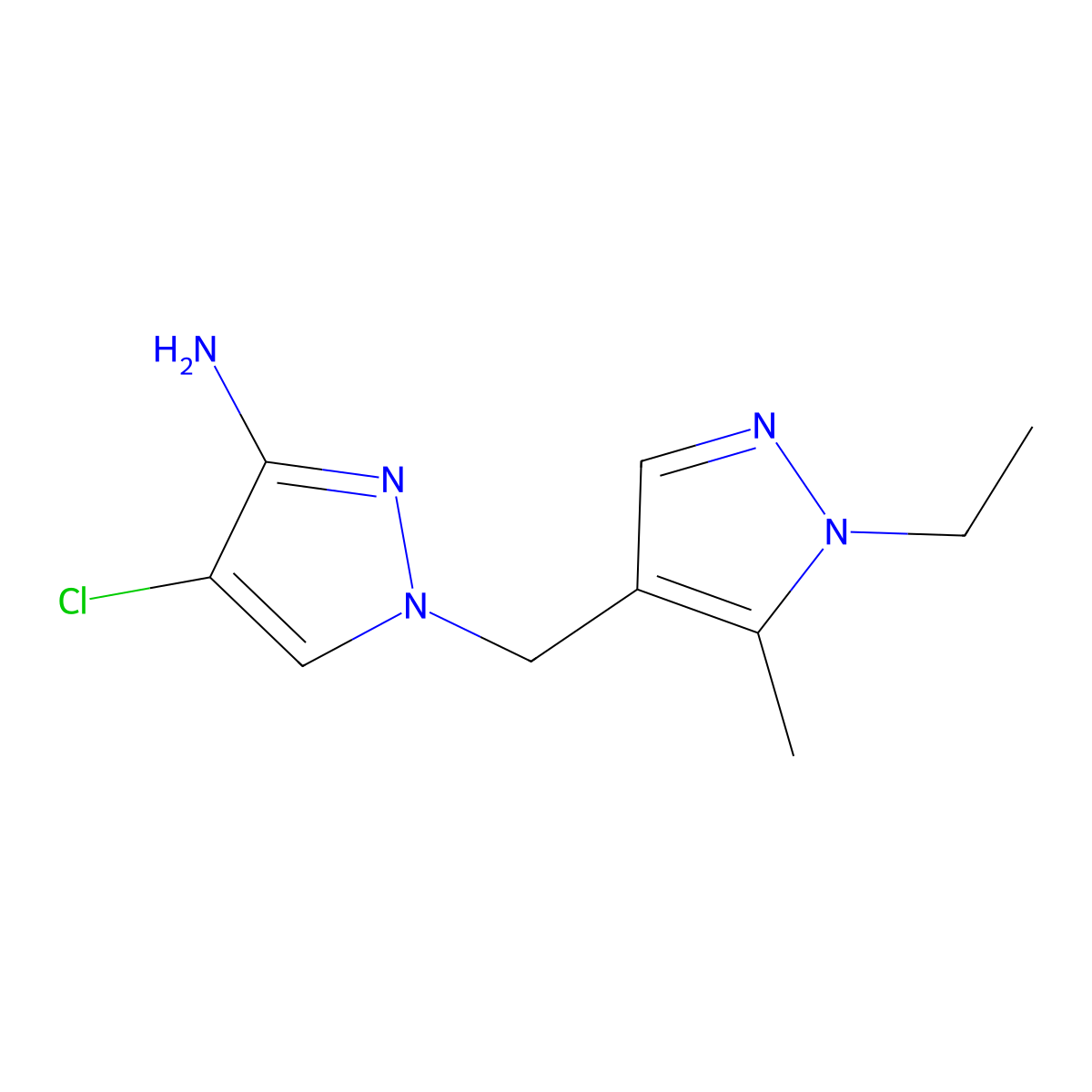 4-Chloro-1-((1-ethyl-5-methyl-1H-pyrazol-4-yl)methyl)-1H-pyrazol-3-amine molecular structure, CAS 1004452-01-0