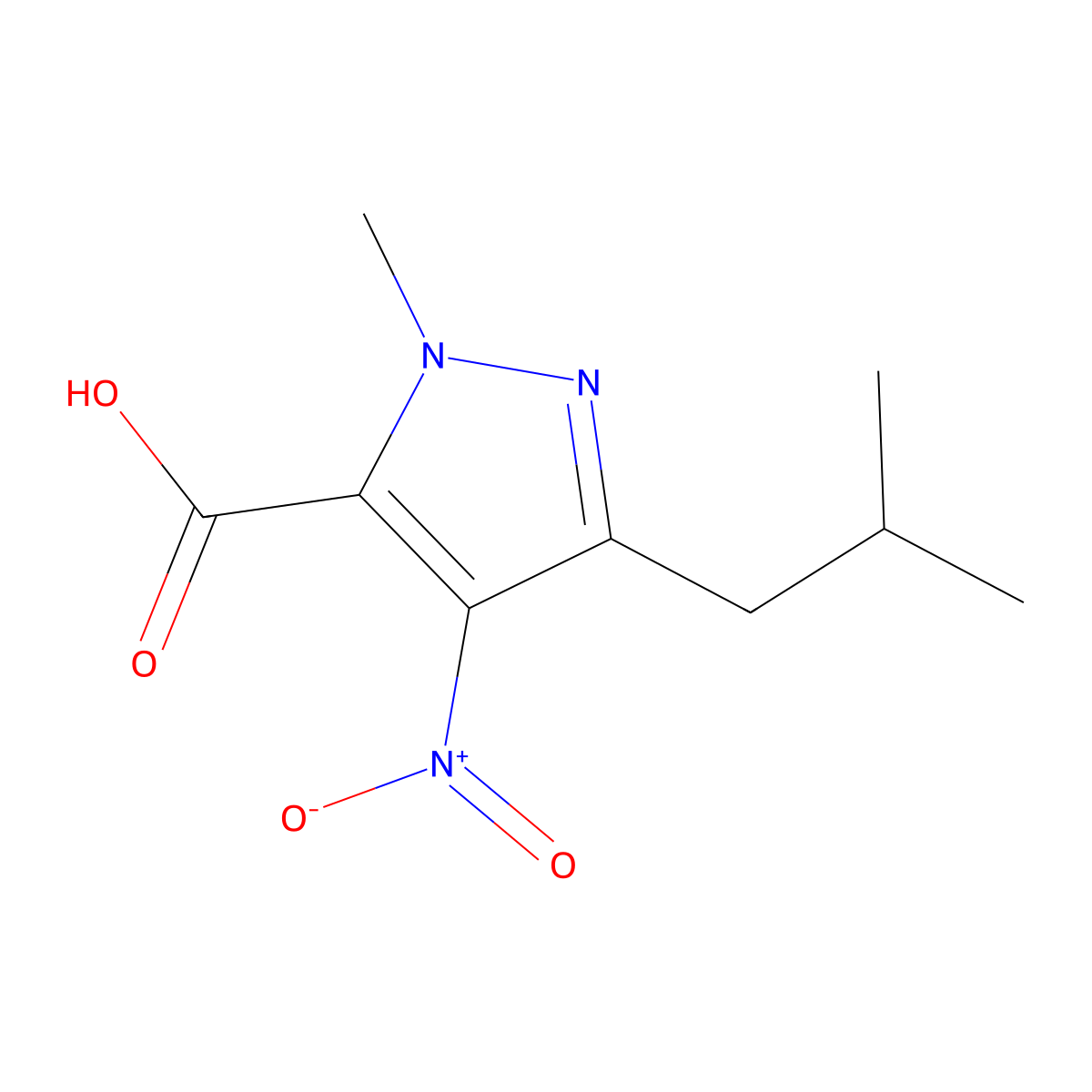 3-isobutyl-1-methyl-4-nitro-1H-pyrazole-5-carboxylic acid molecular structure, CAS 1004455-71-3