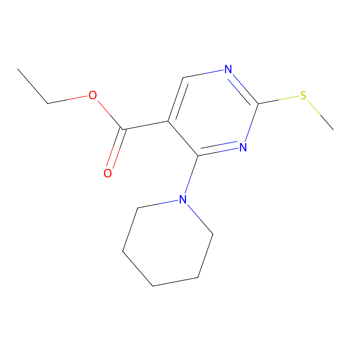 Ethyl 2-(methylsulfanyl)-4-(piperidin-1-yl)pyrimidine-5-carboxylate molecular structure, CAS 100451-24-9