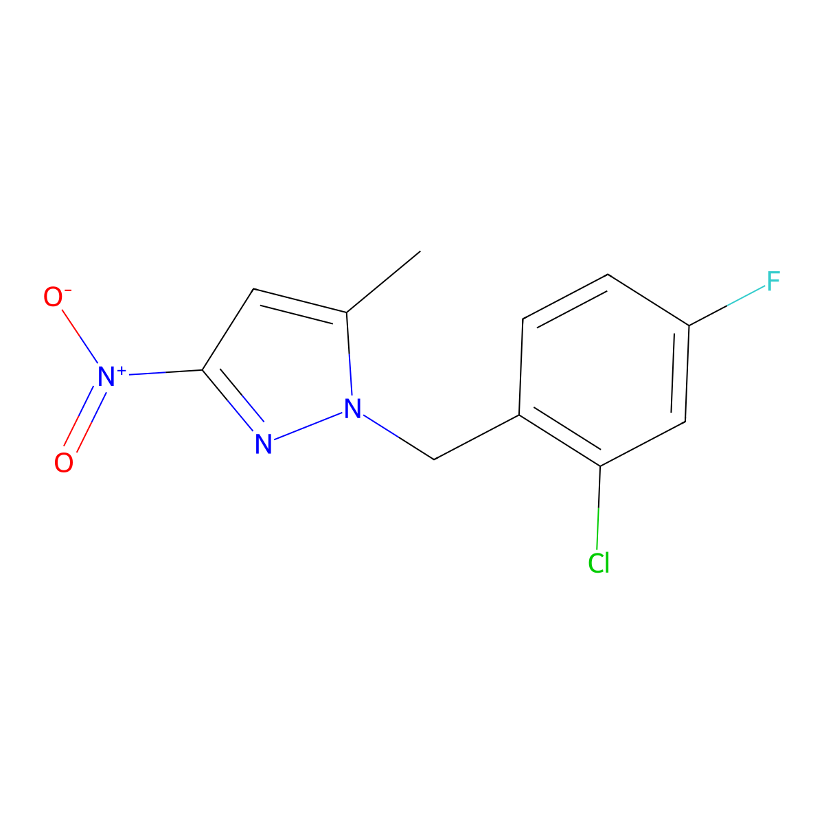 1-(2-chloro-4-fluorobenzyl)-5-methyl-3-nitro-1H-pyrazole molecular structure, CAS 1004643-55-3