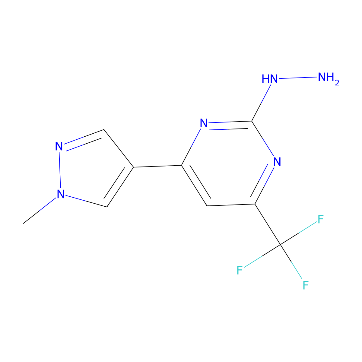 2-hydrazinyl-4-(1-methyl-1H-pyrazol-4-yl)-6-(trifluoromethyl)pyrimidine molecular structure, CAS 1004644-02-3