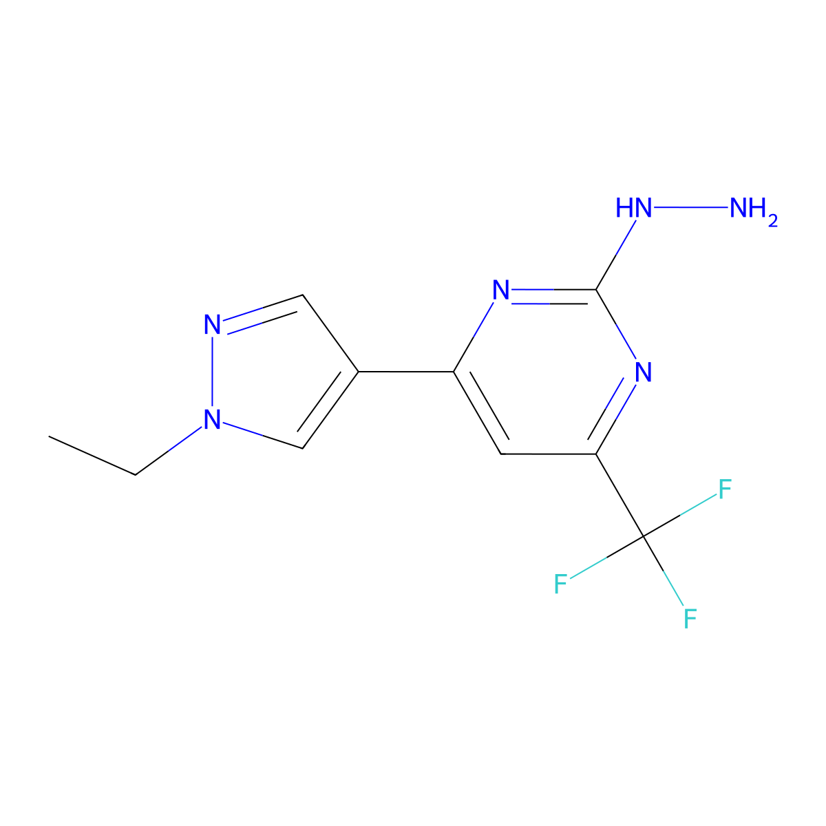 4-(1-ethyl-1H-pyrazol-4-yl)-2-hydrazinyl-6-(trifluoromethyl)pyrimidine molecular structure, CAS 1004644-05-6
