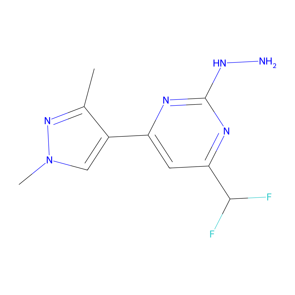 4-(difluoromethyl)-6-(1,3-dimethyl-1H-pyrazol-4-yl)-2-hydrazinylpyrimidine molecular structure, CAS 1004644-06-7