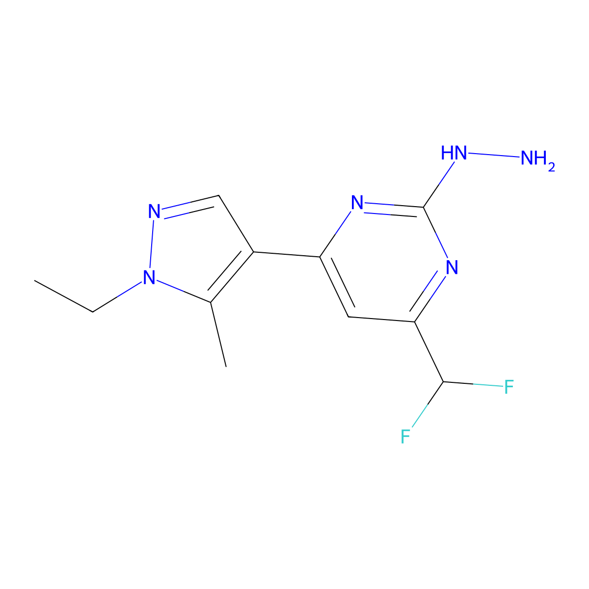 4-(difluoromethyl)-6-(1-ethyl-5-methyl-1H-pyrazol-4-yl)-2-hydrazinylpyrimidine molecular structure, CAS 1004644-07-8