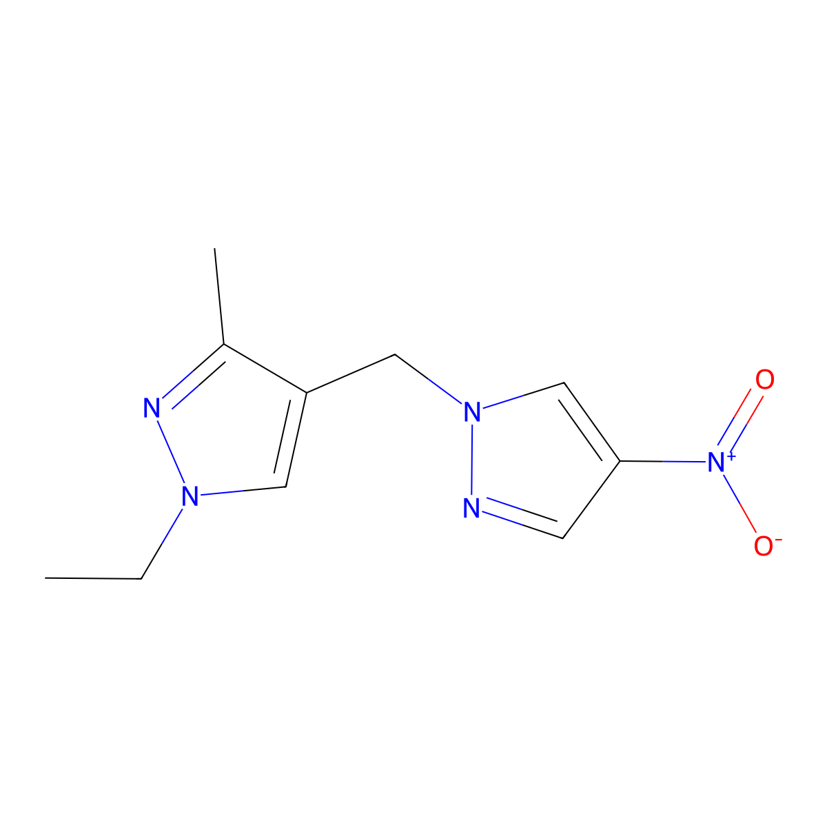 1-Ethyl-3-methyl-4-((4-nitro-1H-pyrazol-1-yl)methyl)-1H-pyrazole molecular structure, CAS 1004644-27-2
