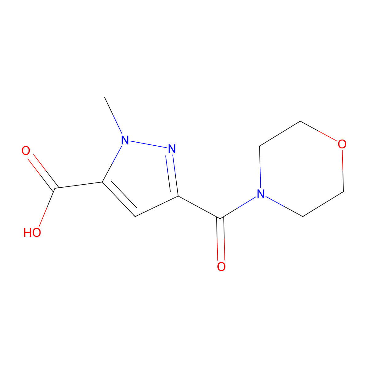 1-methyl-3-(morpholine-4-carbonyl)-1H-pyrazole-5-carboxylic acid molecular structure, CAS 1004727-34-7