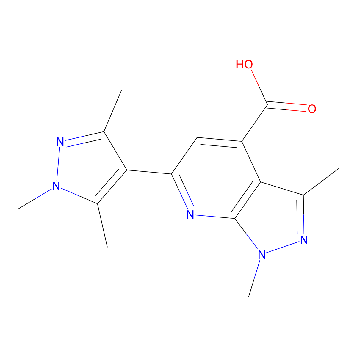 1,3-dimethyl-6-(1,3,5-trimethyl-1H-pyrazol-4-yl)-1H-pyrazolo[3,4-b]pyridine-4-carboxylic acid molecular structure, CAS 1004727-40-5