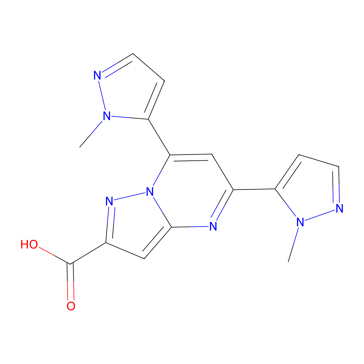 5,7-bis(1-methyl-1H-pyrazol-5-yl)pyrazolo[1,5-a]pyrimidine-2-carboxylic acid molecular structure, CAS 1004727-44-9