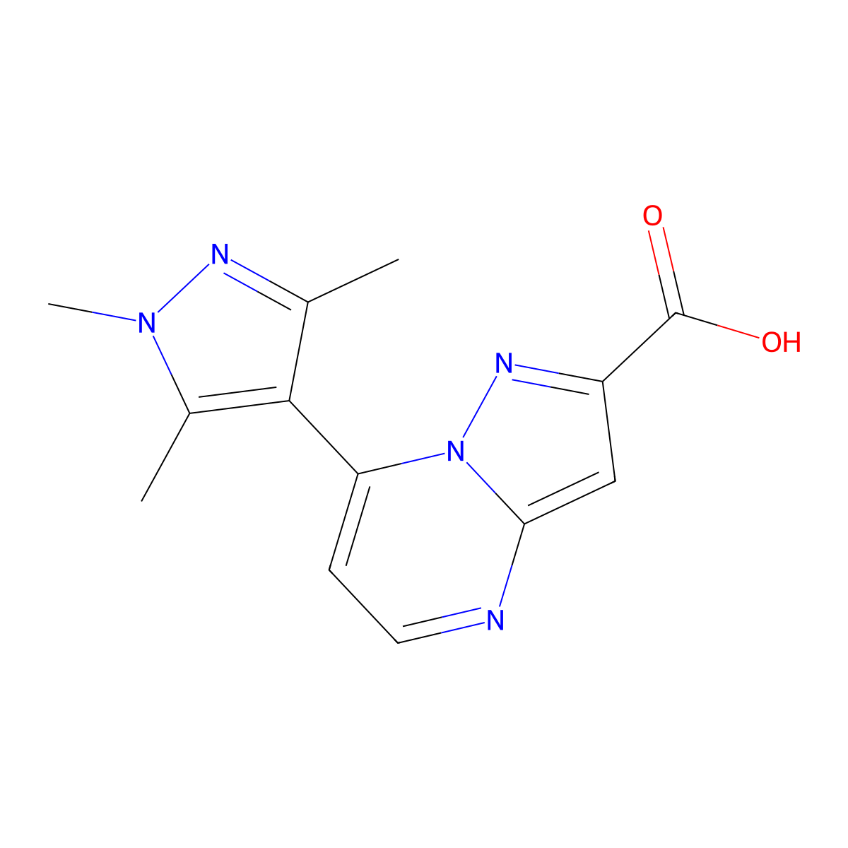 7-(1,3,5-trimethyl-1H-pyrazol-4-yl)pyrazolo[1,5-a]pyrimidine-2-carboxylic acid molecular structure, CAS 1004727-47-2