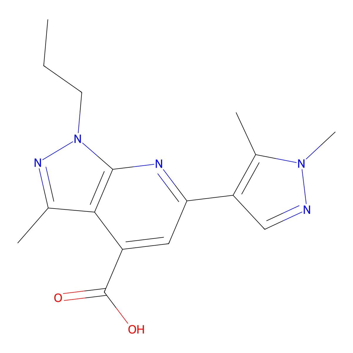 6-(1,5-dimethyl-1H-pyrazol-4-yl)-3-methyl-1-propyl-1H-pyrazolo[3,4-b]pyridine-4-carboxylic acid molecular structure, CAS 1004727-50-7