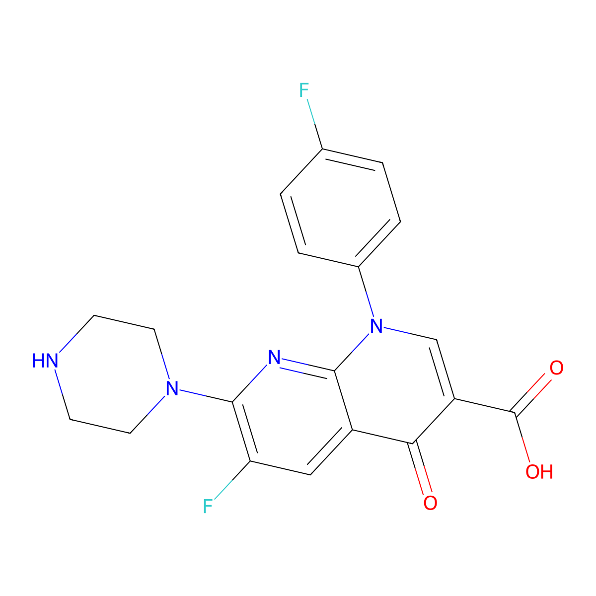 6-Fluoro-1-(4-fluorophenyl)-4-oxo-7-(piperazin-1-yl)-1,4-dihydro-1,8-naphthyridine-3-carboxylic acid molecular structure, CAS 100490-21-9