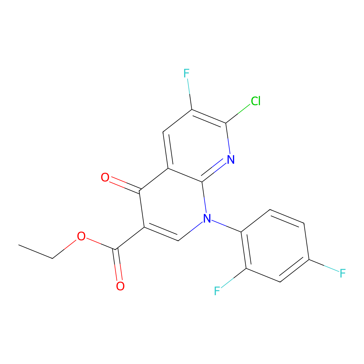 Ethyl 7-chloro-1-(2,4-difluorophenyl)-6-fluoro-1,4-dihydro-4-oxo-1,8-naphthyridine-3-carboxylate molecular structure, CAS 100491-29-0