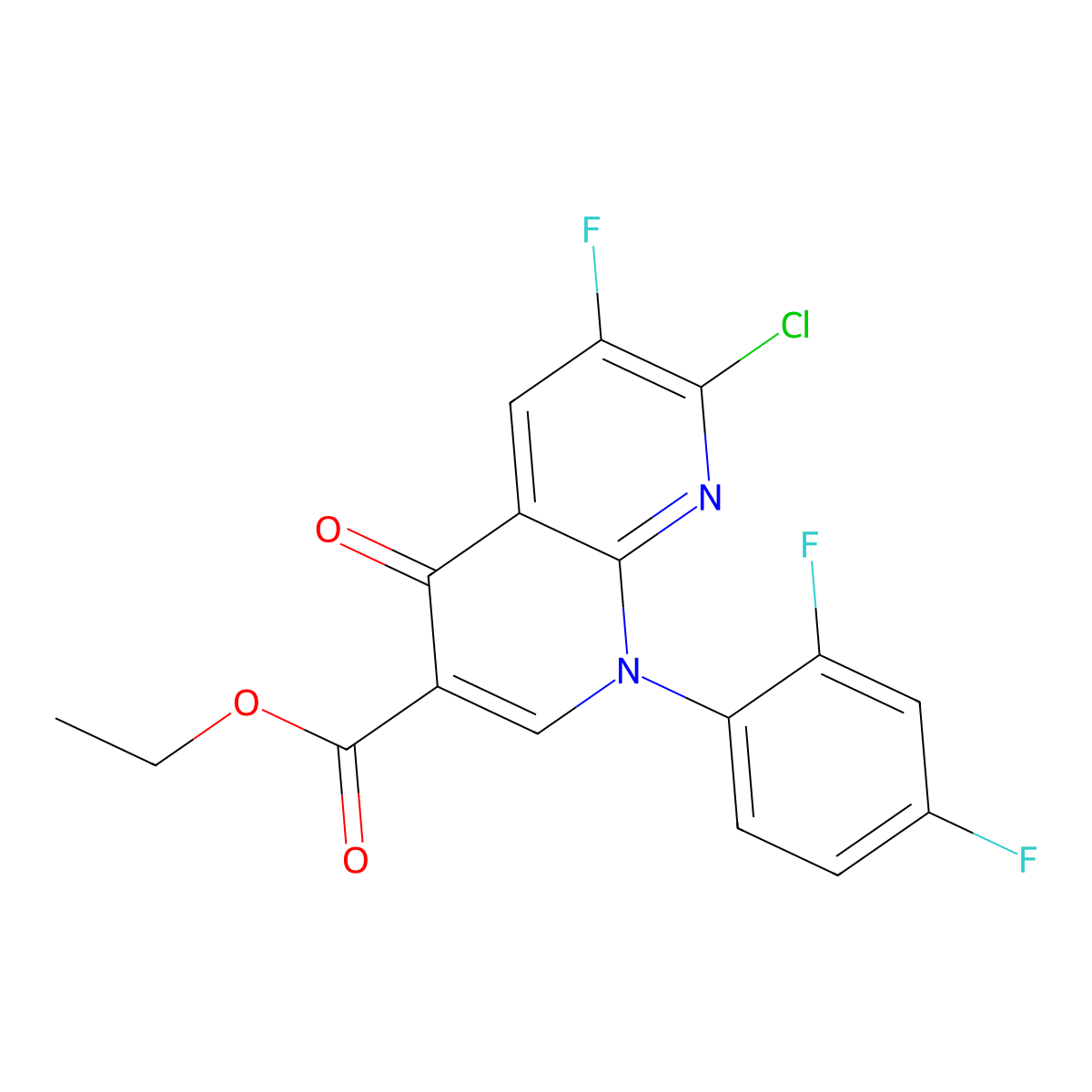 Ethyl 7-chloro-1-(2,4-difluorophenyl)-6-fluoro-1,4-dihydro-4-oxo-1,8-naphthyridine-3-carboxylate molecular structure, CAS 100491-29-0