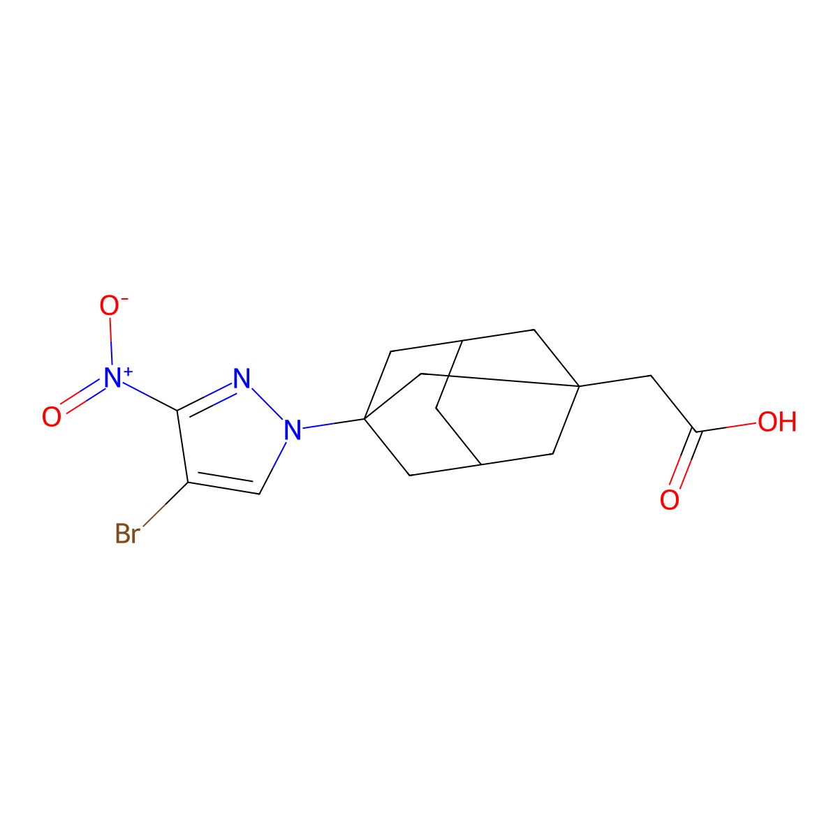 2-[3-(4-Bromo-3-nitropyrazolyl)adamantanyl]acetic acid molecular structure, CAS 1004944-59-5