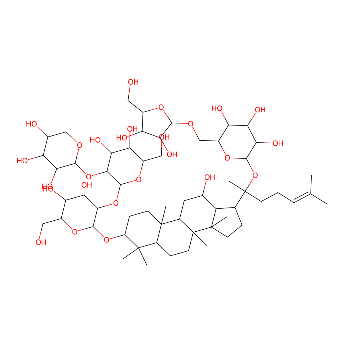 2-[[3,4-dihydroxy-5-(hydroxymethyl)oxolan-2-yl]oxymethyl]-6-[2-[3-[3-[4,5-dihydroxy-6-(hydroxymethyl)-3-(3,4,5-trihydroxyoxan-2-yl)oxyoxan-2-yl]oxy-4,5-dihydroxy-6-(hydroxymethyl)oxan-2-yl]oxy-12-hydroxy-4,4,8,10,14-pentamethyl-2,3,5,6,7,9,11,12,13,15,16,17-dodecahydro-1H-cyclopenta[a]phenanthren-17-yl]-6-methylhept-5-en-2-yl]oxyoxane-3,4,5-triol molecular structure, CAS 1004988-75-3