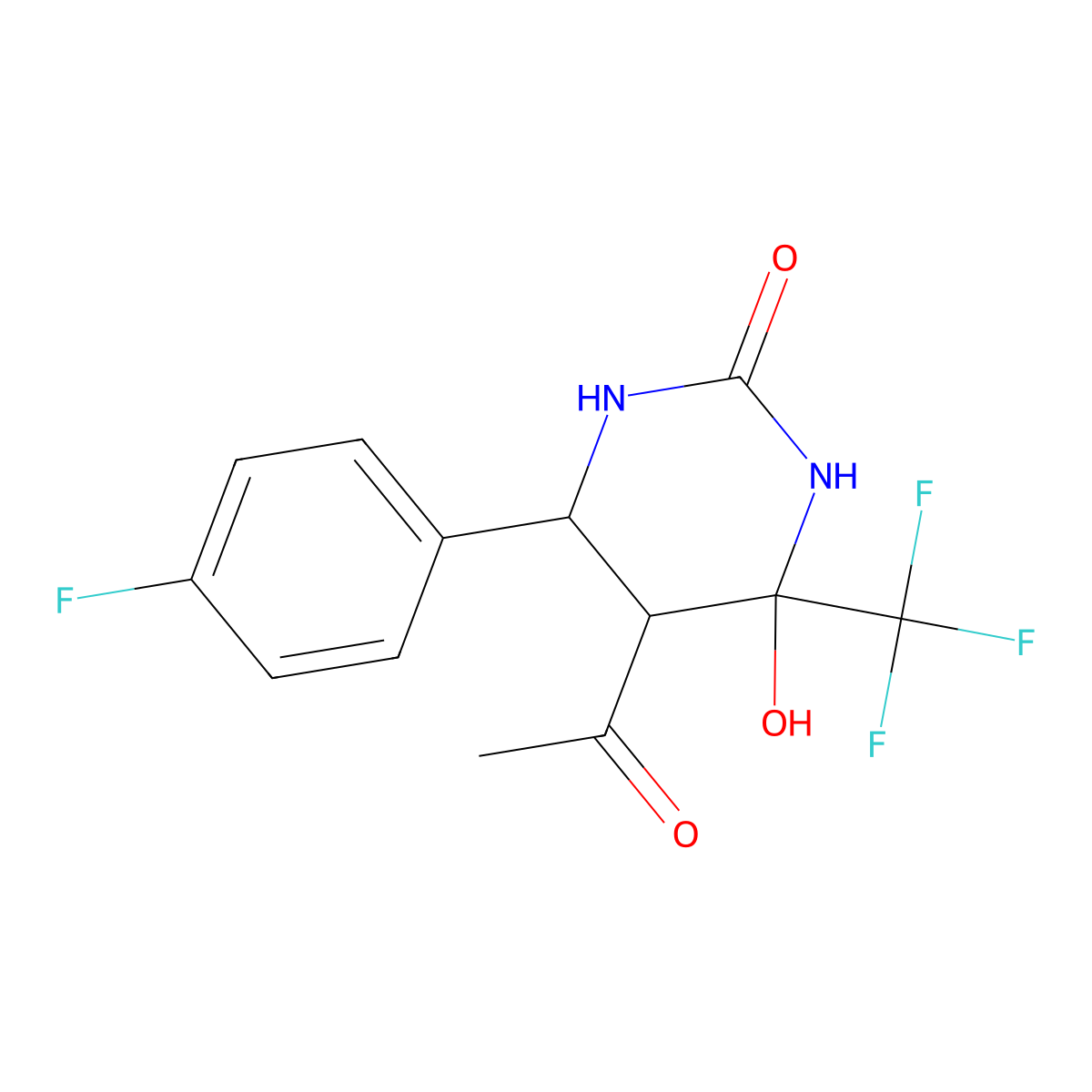 5-acetyl-6-(4-fluorophenyl)-4-hydroxy-4-(trifluoromethyl)tetrahydropyrimidin-2(1H)-one molecular structure, CAS 1005036-80-5
