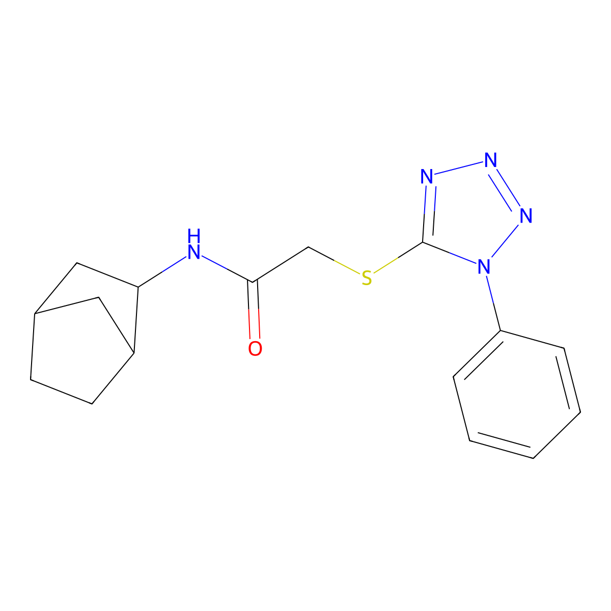 N-(3-bicyclo[2.2.1]heptanyl)-2-(1-phenyltetrazol-5-yl)sulfanylacetamide molecular structure, CAS 1005036-90-7