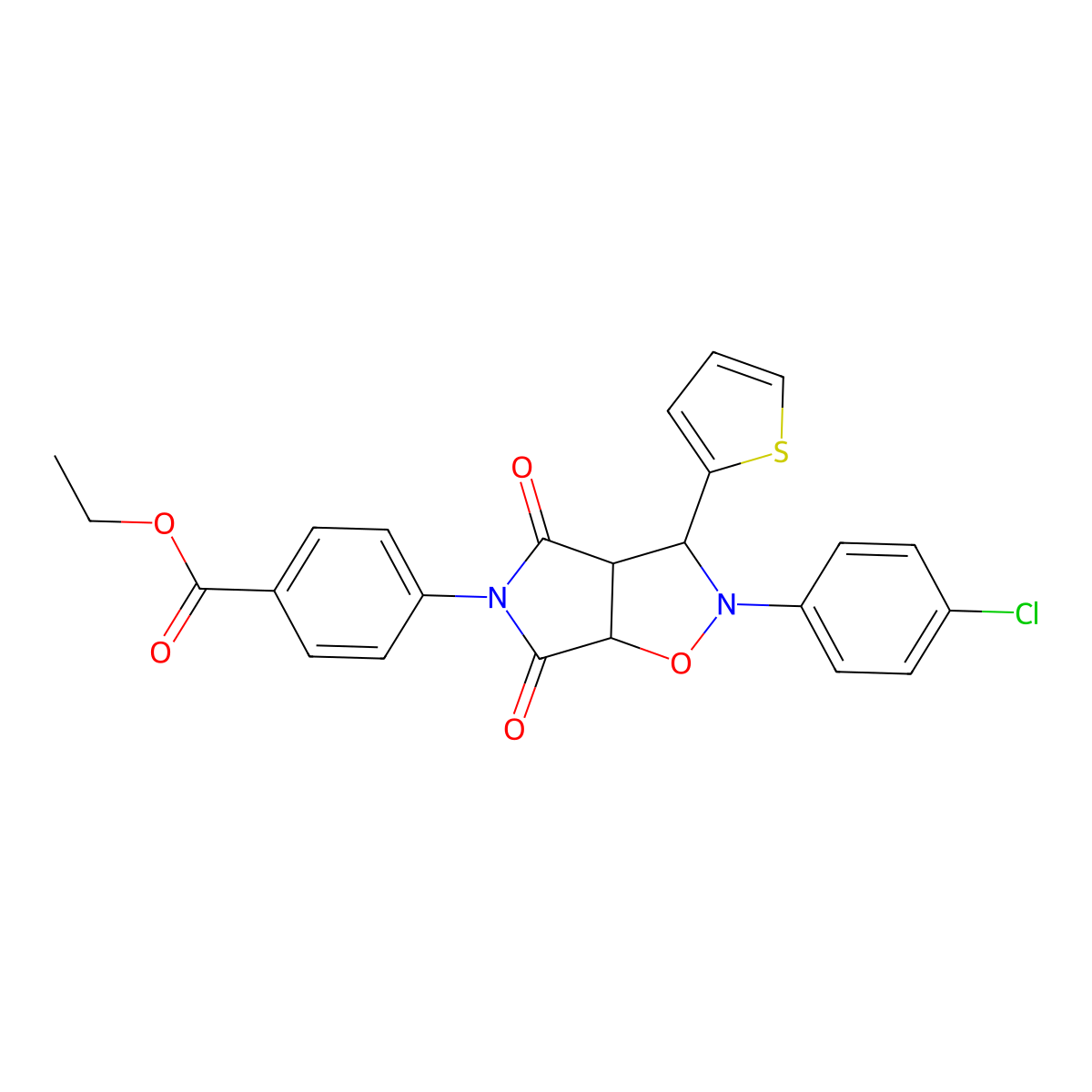 ethyl 4-[2-(4-chlorophenyl)-4,6-dioxo-3-thiophen-2-yl-3a,6a-dihydro-3H-pyrrolo[3,4-d][1,2]oxazol-5-yl]benzoate molecular structure, CAS 1005040-51-6