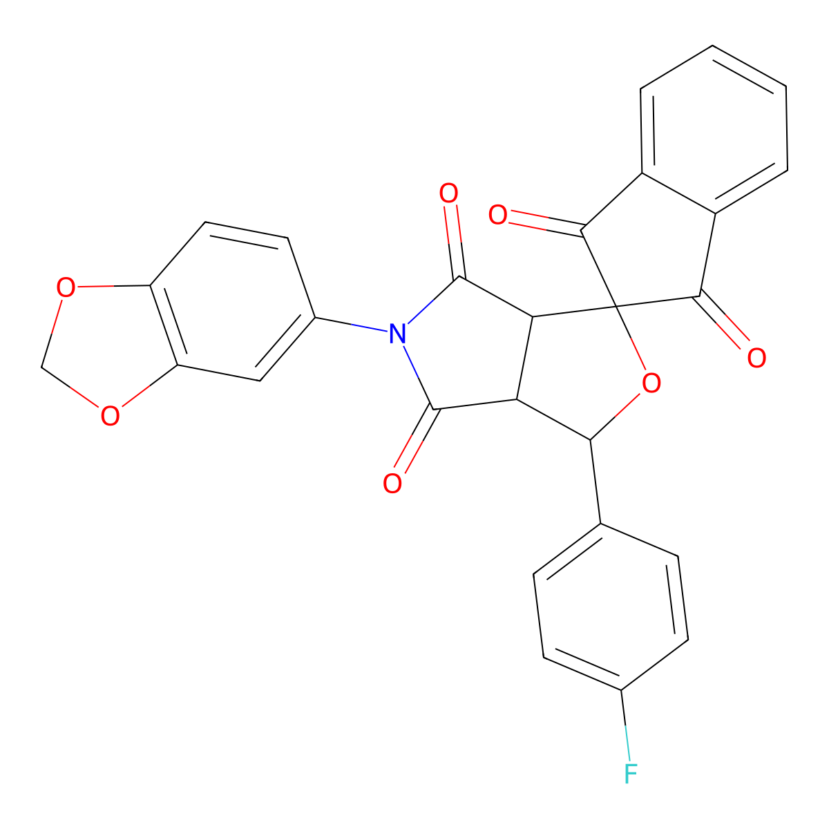5-(1,3-benzodioxol-5-yl)-3-(4-fluorophenyl)-3a,6a-dihydrospiro[furo[3,4-c]pyrrole-1,2'-indene]-1',3',4,6(3H,5H)-tetrone molecular structure, CAS 1005040-88-9