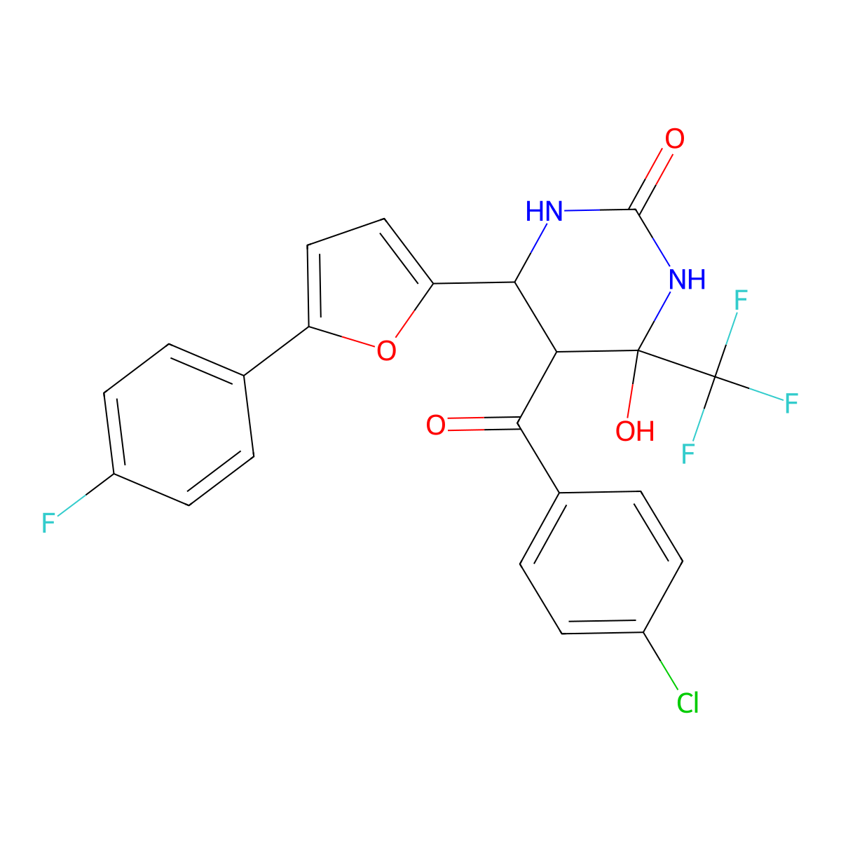 5-(4-chlorobenzoyl)-6-[5-(4-fluorophenyl)-2-furyl]-4-hydroxy-4-(trifluoromethyl)tetrahydropyrimidin-2(1H)-one molecular structure, CAS 1005041-22-4