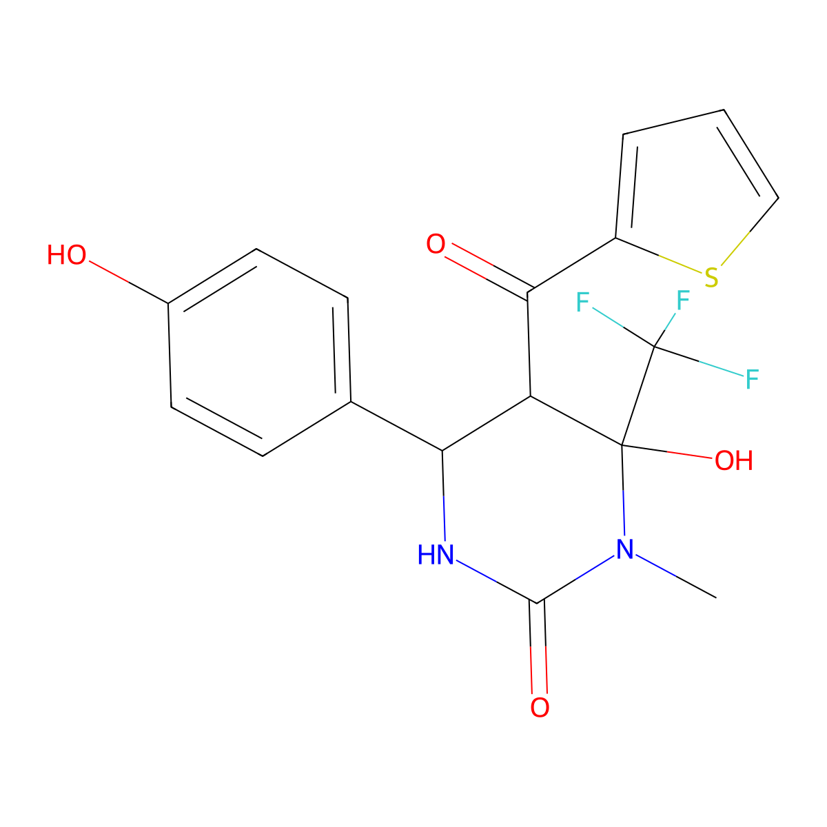 6-hydroxy-4-(4-hydroxyphenyl)-1-methyl-5-(thiophen-2-ylcarbonyl)-6-(trifluoromethyl)tetrahydropyrimidin-2(1H)-one molecular structure, CAS 1005041-51-9