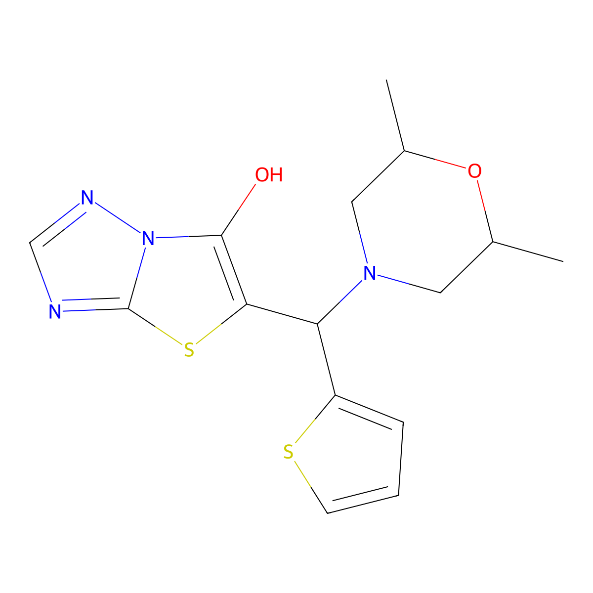 5-((2,6-Dimethylmorpholino)(thiophen-2-yl)methyl)thiazolo[3,2-b][1,2,4]triazol-6-ol molecular structure, CAS 1005041-93-9