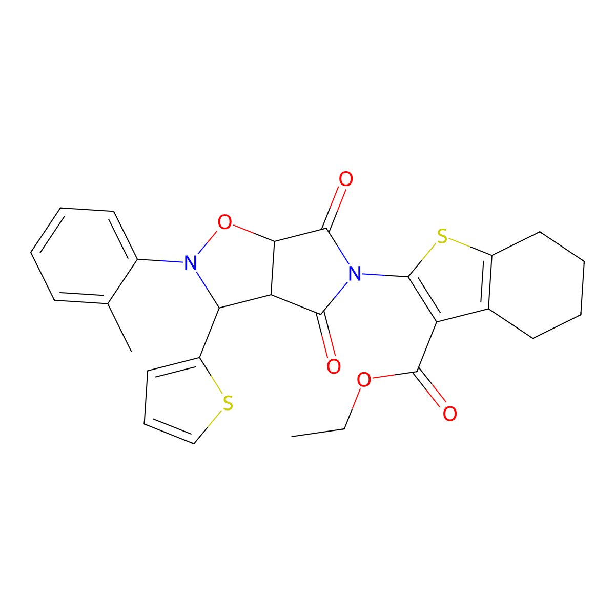 ethyl 2-(4,6-dioxo-3-(thiophen-2-yl)-2-(o-tolyl)tetrahydro-2H-pyrrolo[3,4-d]isoxazol-5(3H)-yl)-4,5,6,7-tetrahydrobenzo[b]thiophene-3-carboxylate molecular structure, CAS 1005045-33-9