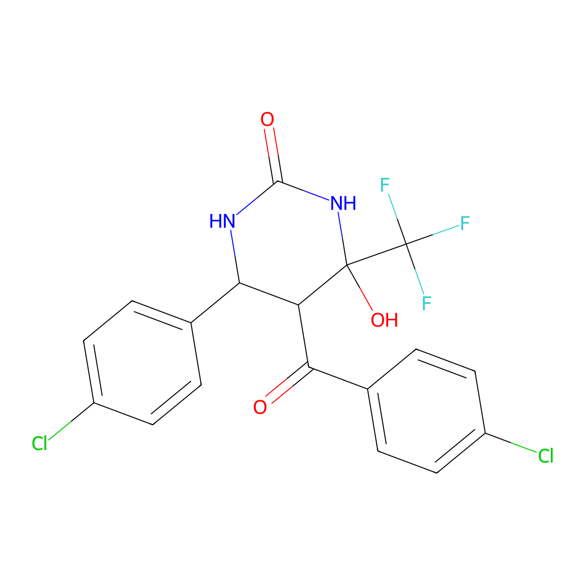 5-(4-Chlorobenzoyl)-6-(4-chlorophenyl)-4-hydroxy-4-(trifluoromethyl)tetrahydro-2(1H)-pyrimidinone molecular structure, CAS 1005046-31-0