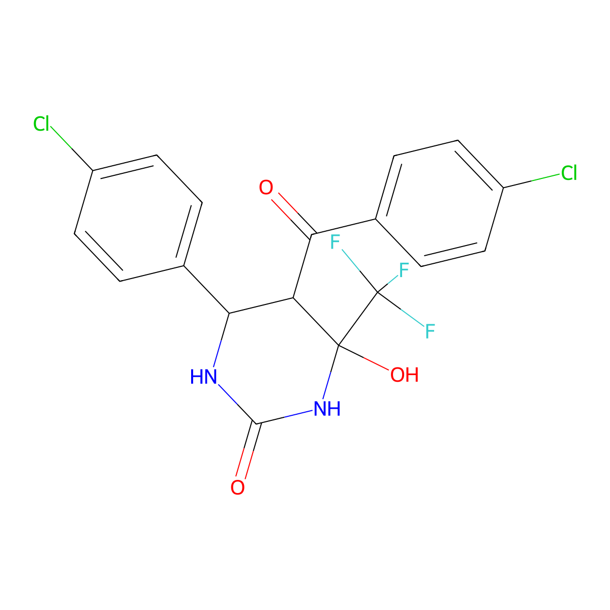 5-(4-Chlorobenzoyl)-6-(4-chlorophenyl)-4-hydroxy-4-(trifluoromethyl)tetrahydro-2(1H)-pyrimidinone molecular structure, CAS 1005046-31-0