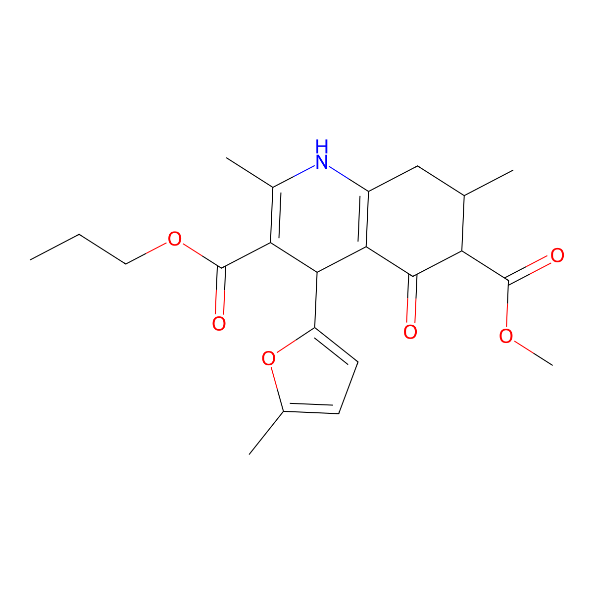 6-Methyl 3-propyl 2,7-dimethyl-4-(5-methylfuran-2-yl)-5-oxo-1,4,5,6,7,8-hexahydroquinoline-3,6-dicarboxylate molecular structure, CAS 1005046-67-2