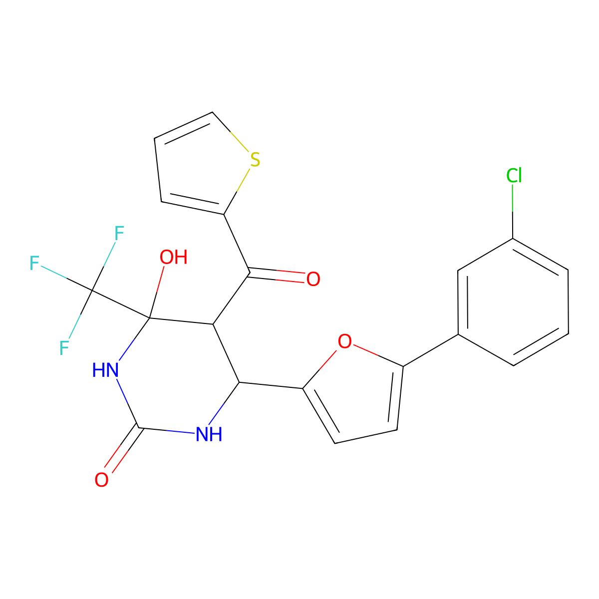 6-[5-(3-Chlorophenyl)furan-2-yl]-4-hydroxy-5-(thiophene-2-carbonyl)-4-(trifluoromethyl)-1,3-diazinan-2-one molecular structure, CAS 1005046-69-4