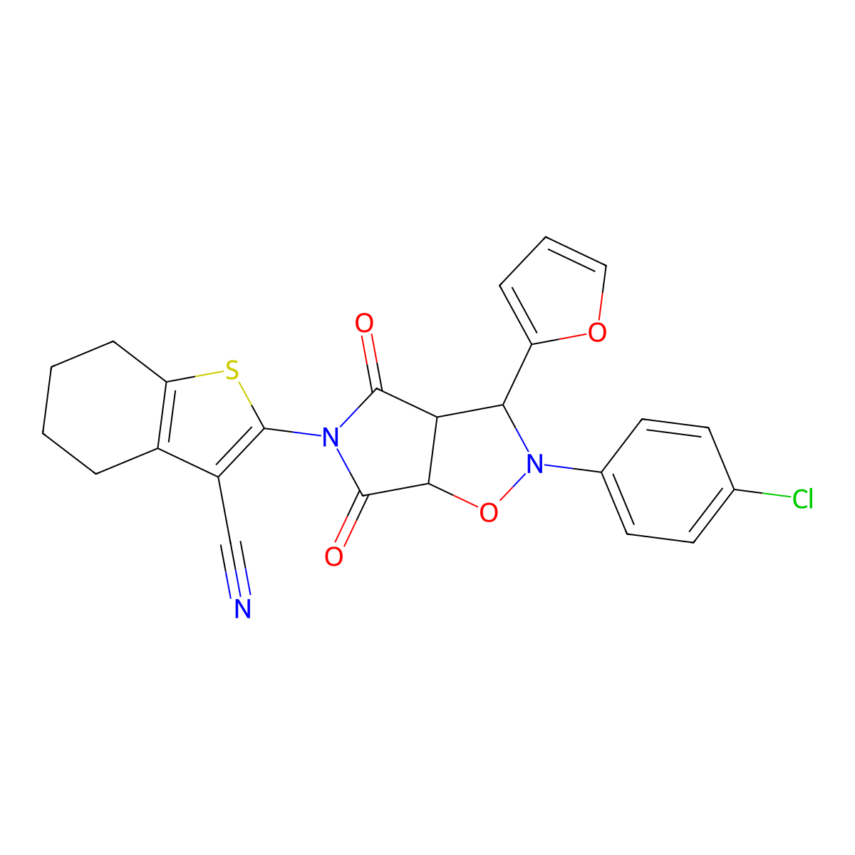 2-(2-(4-chlorophenyl)-3-(furan-2-yl)-4,6-dioxotetrahydro-2H-pyrrolo[3,4-d]isoxazol-5(3H)-yl)-4,5,6,7-tetrahydrobenzo[b]thiophene-3-carbonitrile molecular structure, CAS 1005046-75-2
