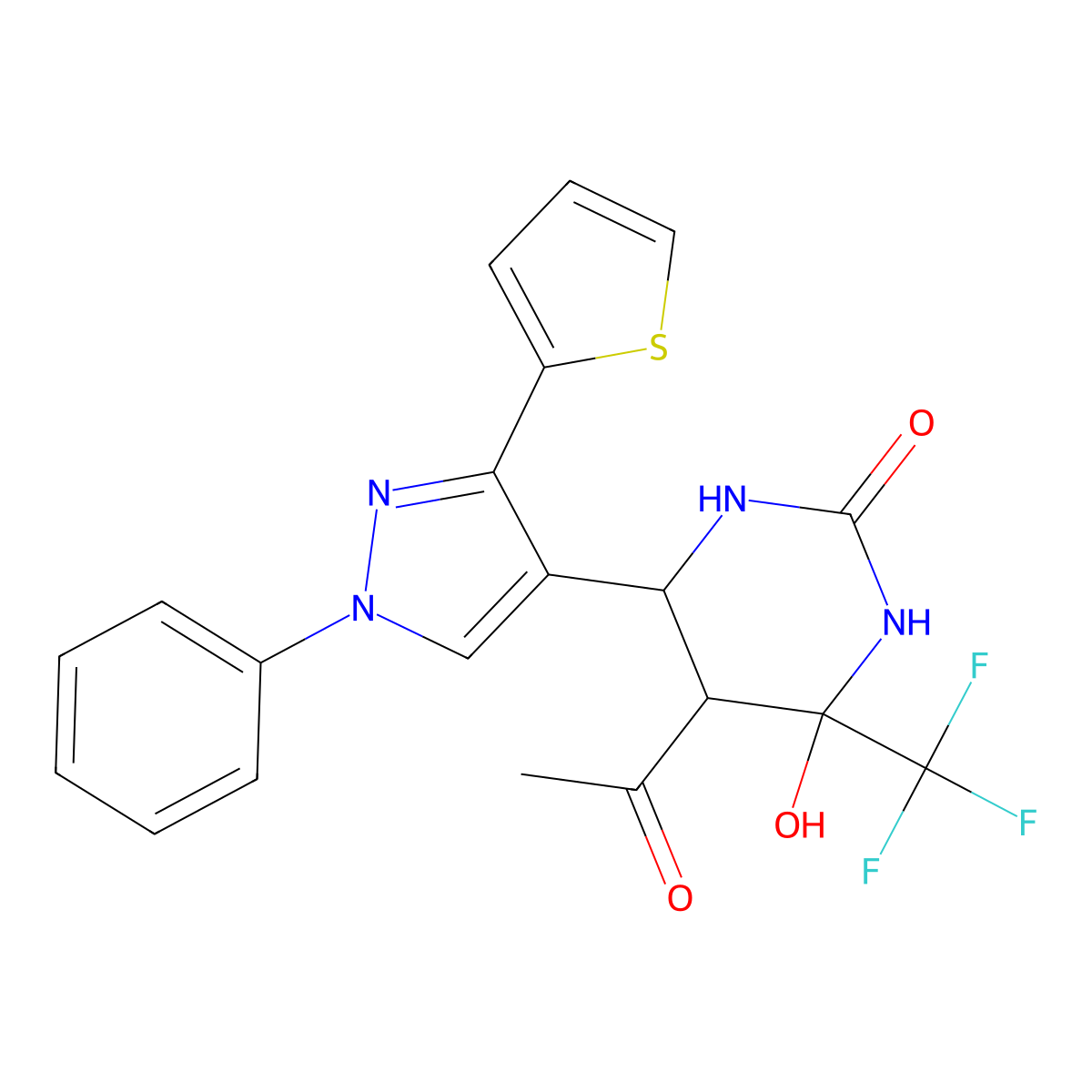 5-acetyl-4-hydroxy-6-(1-phenyl-3-(thiophen-2-yl)-1H-pyrazol-4-yl)-4-(trifluoromethyl)tetrahydropyrimidin-2(1H)-one molecular structure, CAS 1005050-65-6
