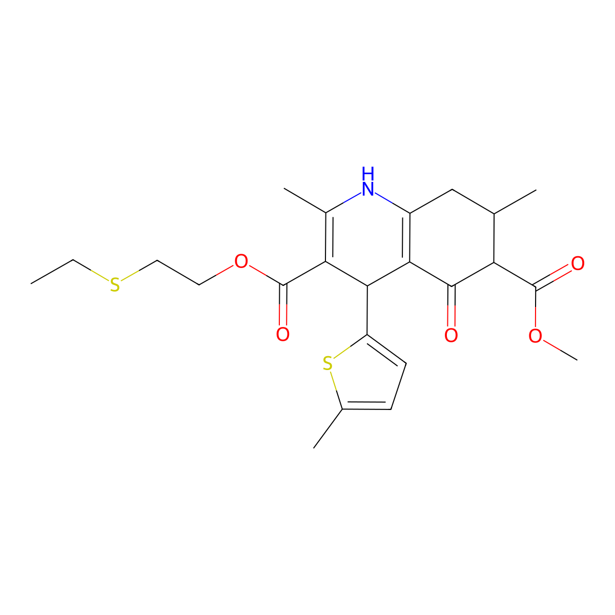 3-[2-(Ethylsulfanyl)ethyl] 6-methyl 2,7-dimethyl-4-(5-methylthiophen-2-yl)-5-oxo-1,4,5,6,7,8-hexahydroquinoline-3,6-dicarboxylate molecular structure, CAS 1005050-88-3