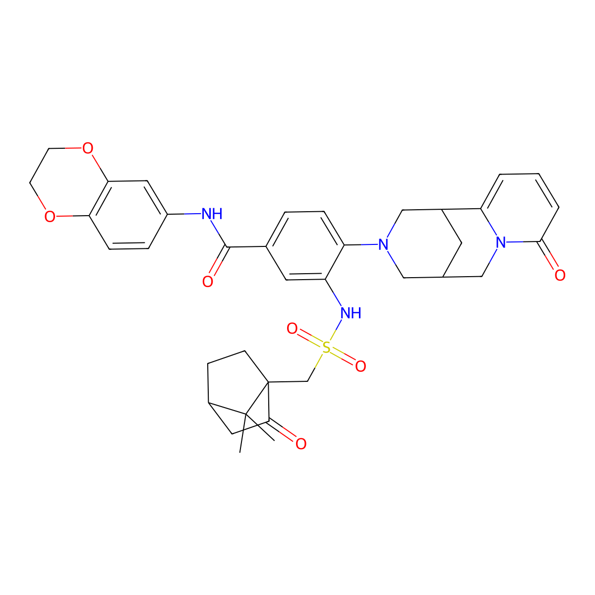N-(2,3-dihydrobenzo[b][1,4]dioxin-6-yl)-3-(((1R)-7,7-dimethyl-2-oxobicyclo[2.2.1]heptan-1-yl)methylsulfonamido)-4-(8-oxo-5,6-dihydro-1H-1,5-methanopyrido[1,2-a][1,5]diazocin-3(2H,4H,8H)-yl)benzamide molecular structure, CAS 1005050-98-5