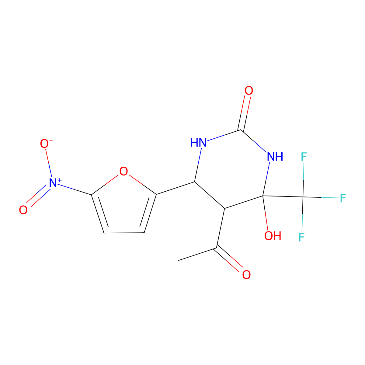 5-acetyl-4-hydroxy-6-(5-nitrofuran-2-yl)-4-(trifluoromethyl)tetrahydropyrimidin-2(1H)-one molecular structure, CAS 1005051-06-8