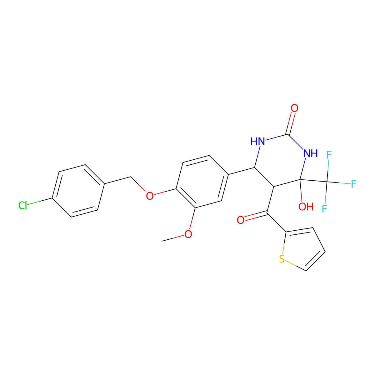 6-(4-((4-chlorobenzyl)oxy)-3-methoxyphenyl)-4-hydroxy-5-(thiophene-2-carbonyl)-4-(trifluoromethyl)tetrahydropyrimidin-2(1H)-one molecular structure, CAS 1005051-26-2