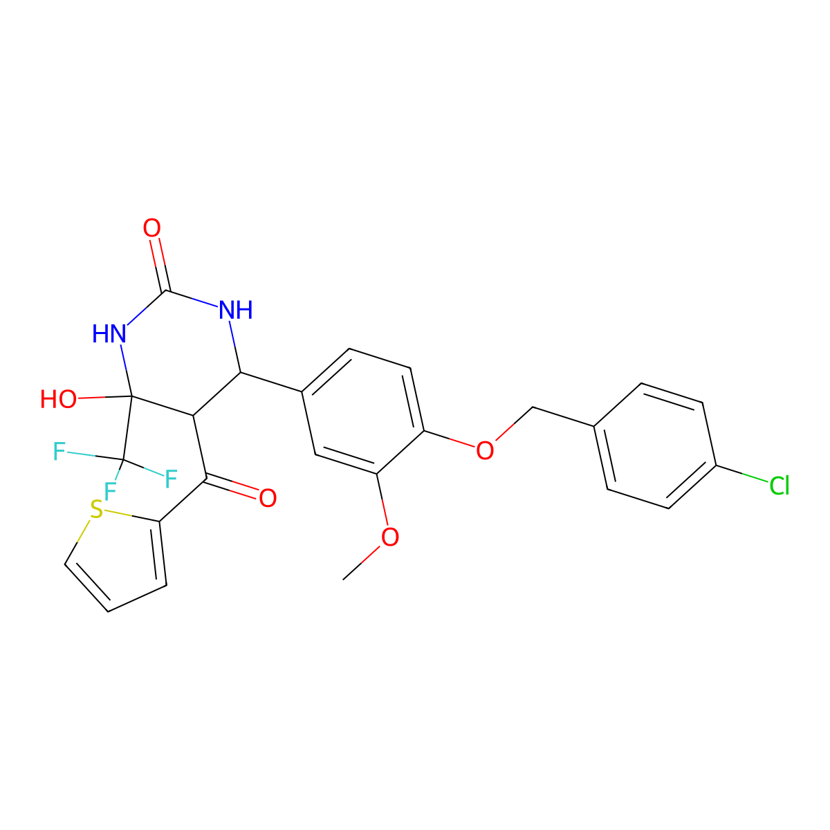 6-(4-((4-chlorobenzyl)oxy)-3-methoxyphenyl)-4-hydroxy-5-(thiophene-2-carbonyl)-4-(trifluoromethyl)tetrahydropyrimidin-2(1H)-one molecular structure, CAS 1005051-26-2