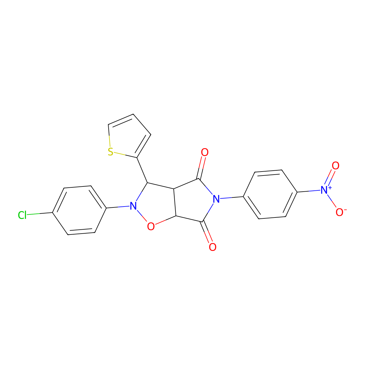 2-(4-chlorophenyl)-5-(4-nitrophenyl)-3-(thiophen-2-yl)dihydro-2H-pyrrolo[3,4-d]isoxazole-4,6(5H,6aH)-dione molecular structure, CAS 1005052-57-2