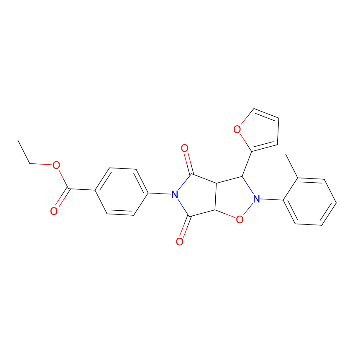 ethyl 4-[3-(2-furyl)-2-(2-methylphenyl)-4,6-dioxohexahydro-5H-pyrrolo[3,4-d]isoxazol-5-yl]benzoate molecular structure, CAS 1005052-92-5