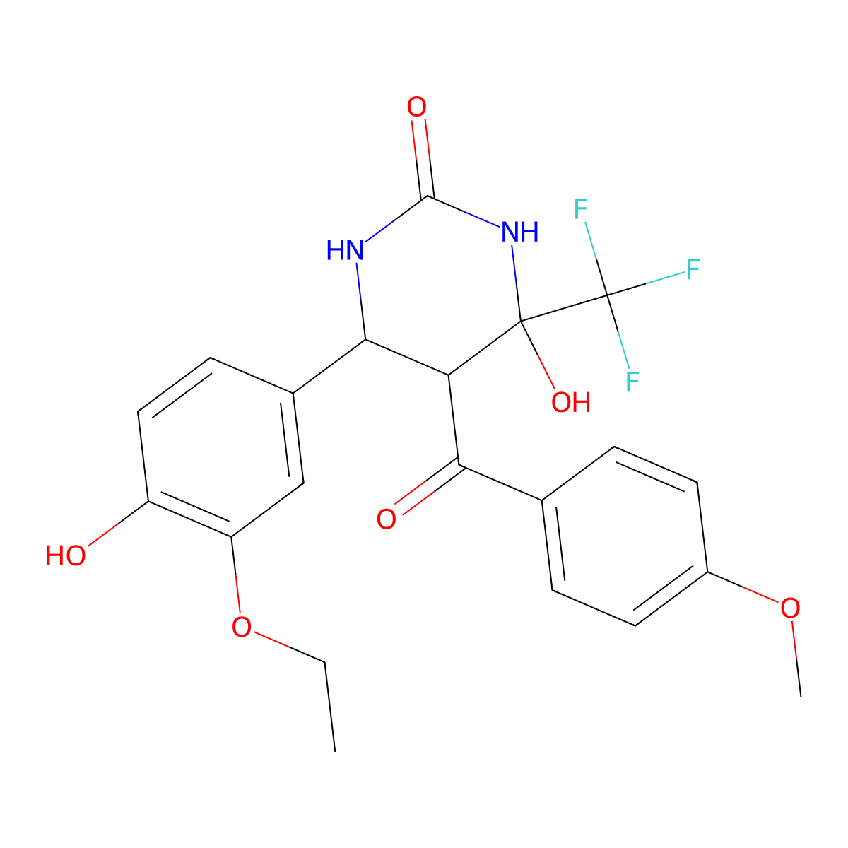 6-(3-Ethoxy-4-hydroxy-phenyl)-4-hydroxy-5-(4-methoxy-benzoyl)-4-trifluoromethyl-tetrahydro-pyrimidin-2-one molecular structure, CAS 1005054-35-2