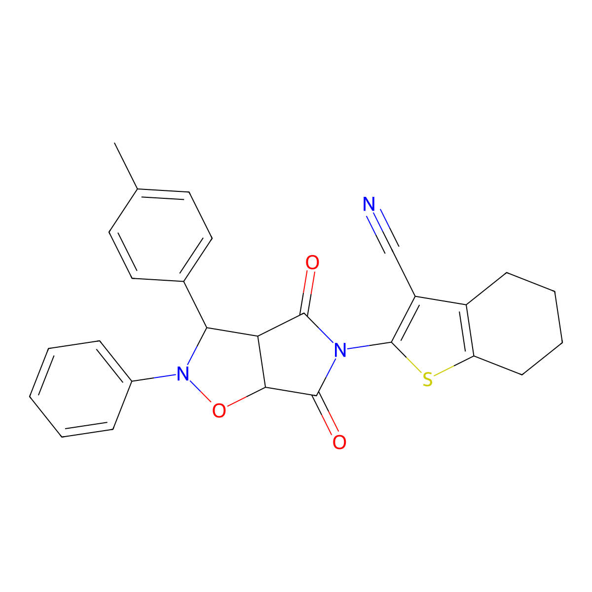 2-(4,6-dioxo-2-phenyl-3-(p-tolyl)tetrahydro-2H-pyrrolo[3,4-d]isoxazol-5(3H)-yl)-4,5,6,7-tetrahydrobenzo[b]thiophene-3-carbonitrile molecular structure, CAS 1005055-79-7