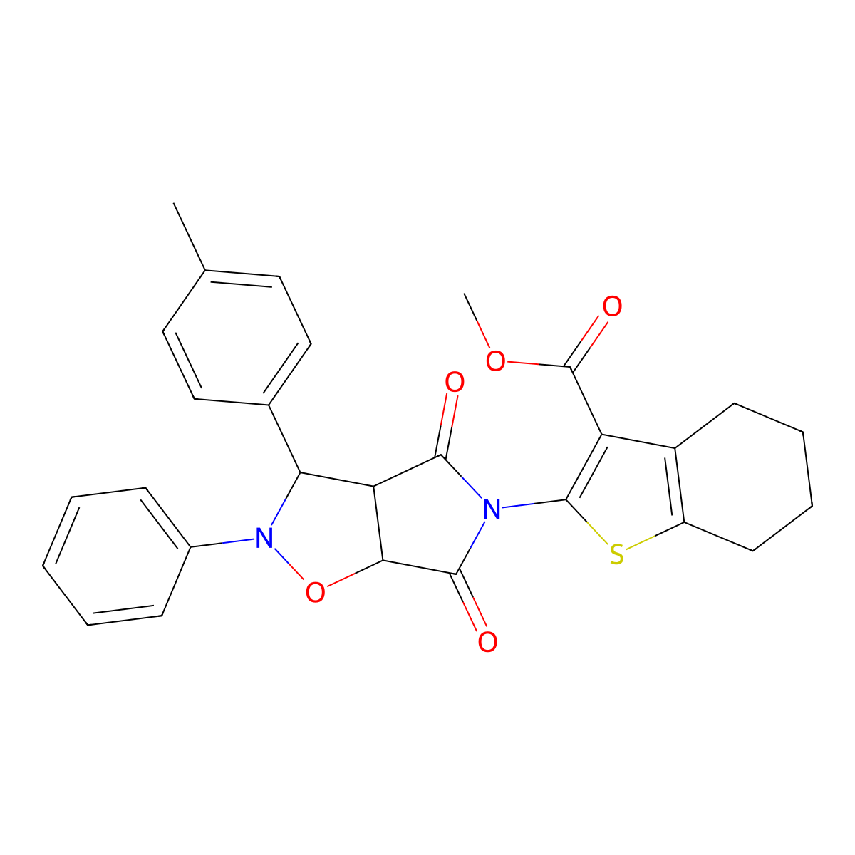 methyl 2-(4,6-dioxo-2-phenyl-3-(p-tolyl)tetrahydro-2H-pyrrolo[3,4-d]isoxazol-5(3H)-yl)-4,5,6,7-tetrahydrobenzo[b]thiophene-3-carboxylate molecular structure, CAS 1005055-85-5