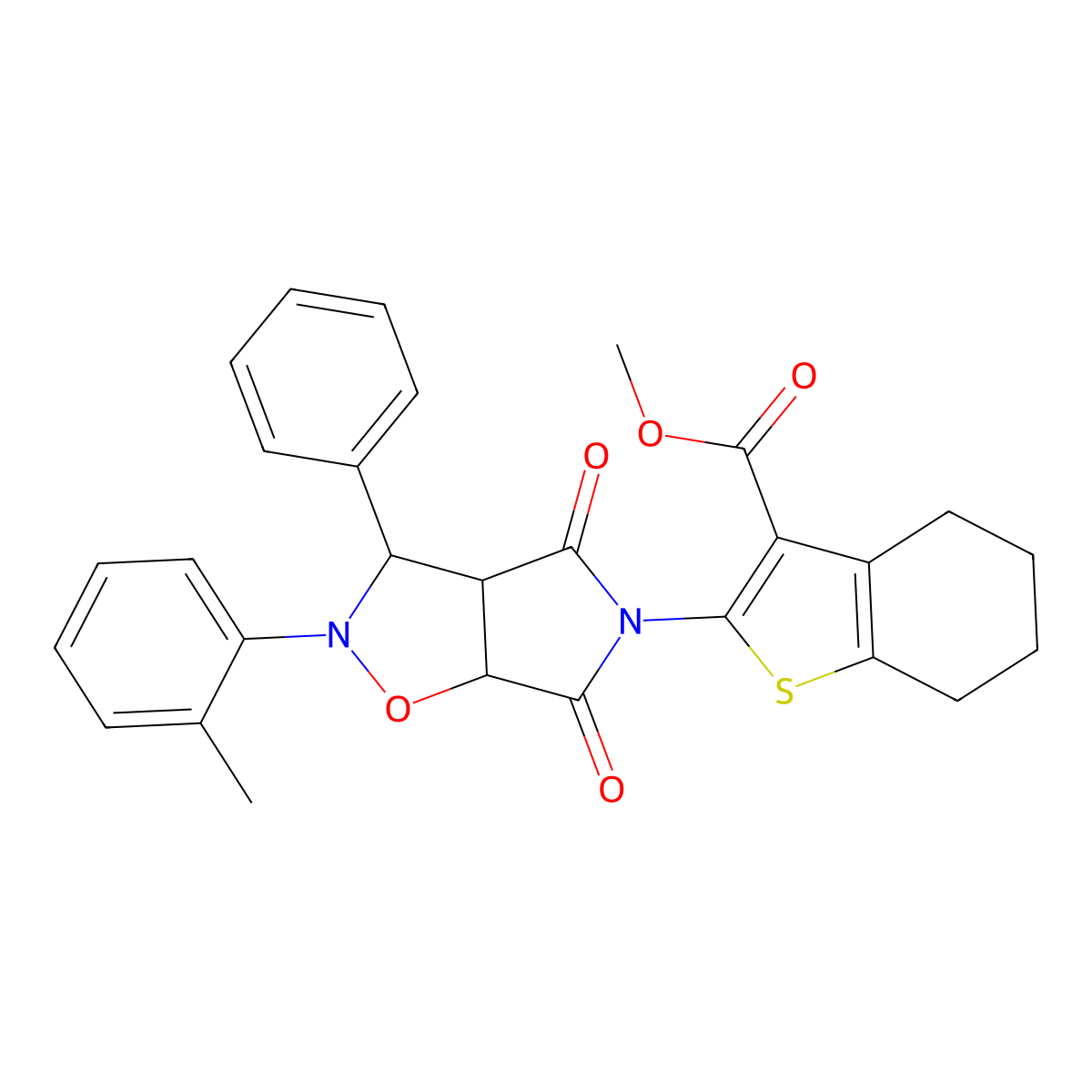 methyl 2-(4,6-dioxo-3-phenyl-2-(o-tolyl)tetrahydro-2H-pyrrolo[3,4-d]isoxazol-5(3H)-yl)-4,5,6,7-tetrahydrobenzo[b]thiophene-3-carboxylate molecular structure, CAS 1005056-42-7