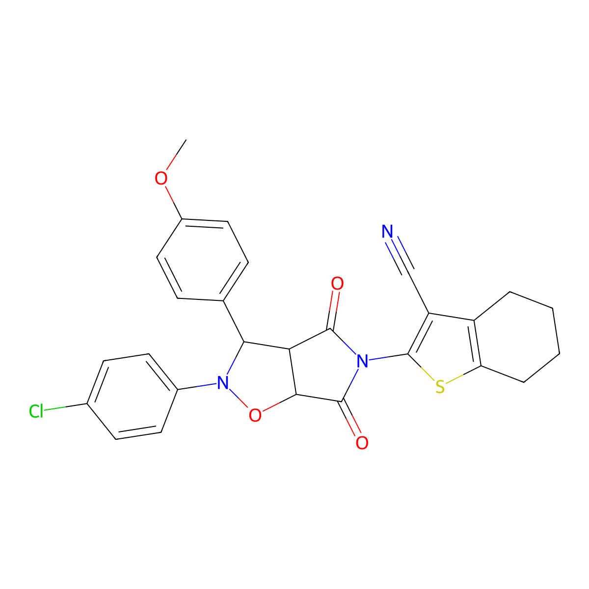 2-(2-(4-chlorophenyl)-3-(4-methoxyphenyl)-4,6-dioxotetrahydro-2H-pyrrolo[3,4-d]isoxazol-5(3H)-yl)-4,5,6,7-tetrahydrobenzo[b]thiophene-3-carbonitrile molecular structure, CAS 1005057-92-0